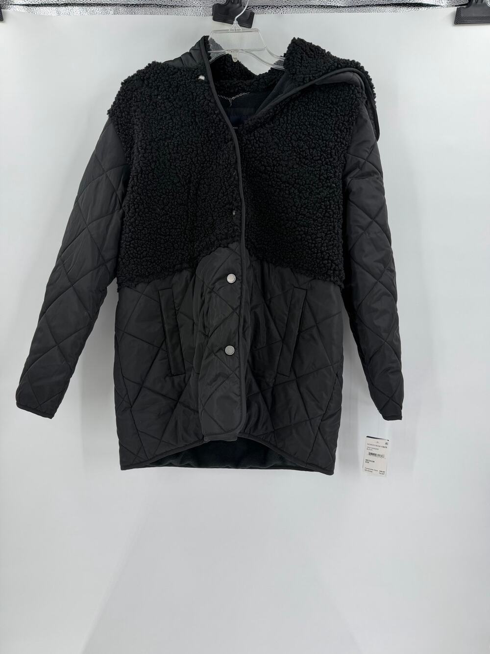 Lucky Brand Quilted Sherpa Hooded Jacket Black Medium NWT Water Resistant